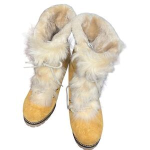 MONTELLIANA  Suede Shearling-Trimmed Hiking Boots in Chestnut NWOB 39 / 8 US